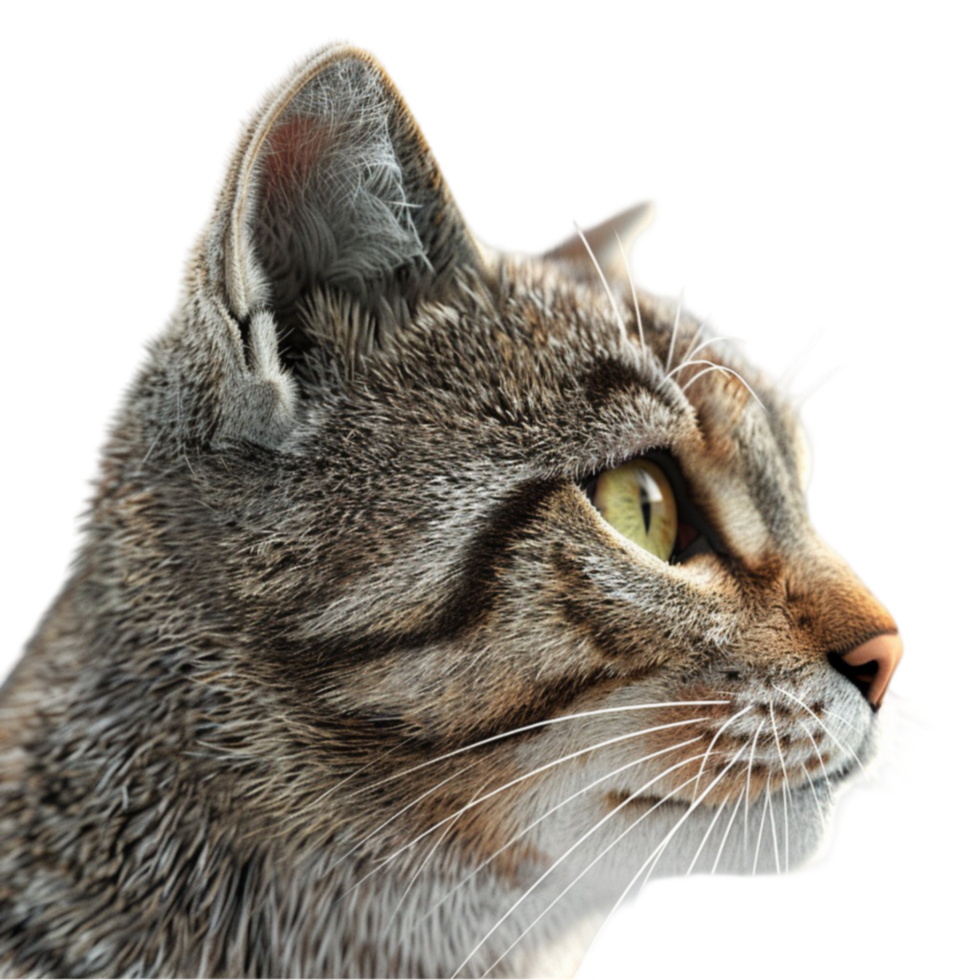 a cat is looking up at something on transparent background. png