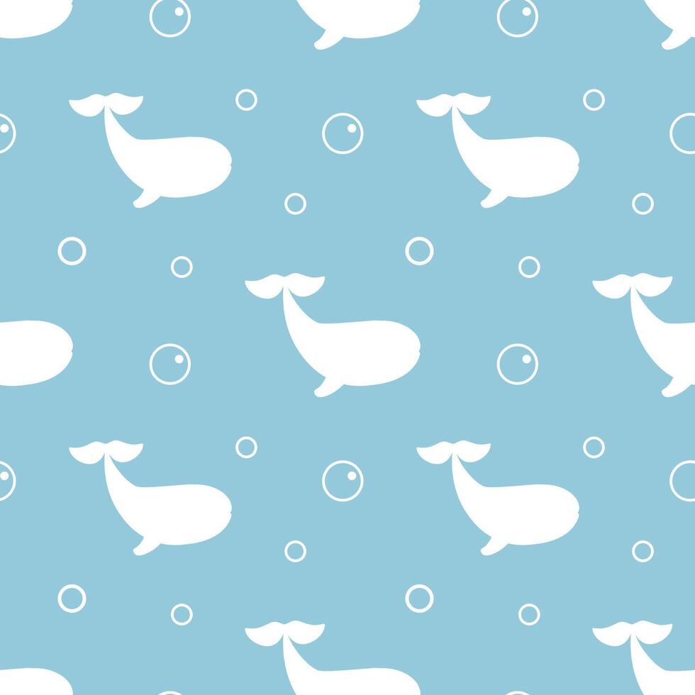 Seamless pattern with silhouettes fish, whale and bubble on a light blue background. For textile, fabric, greeting card, invitation vector