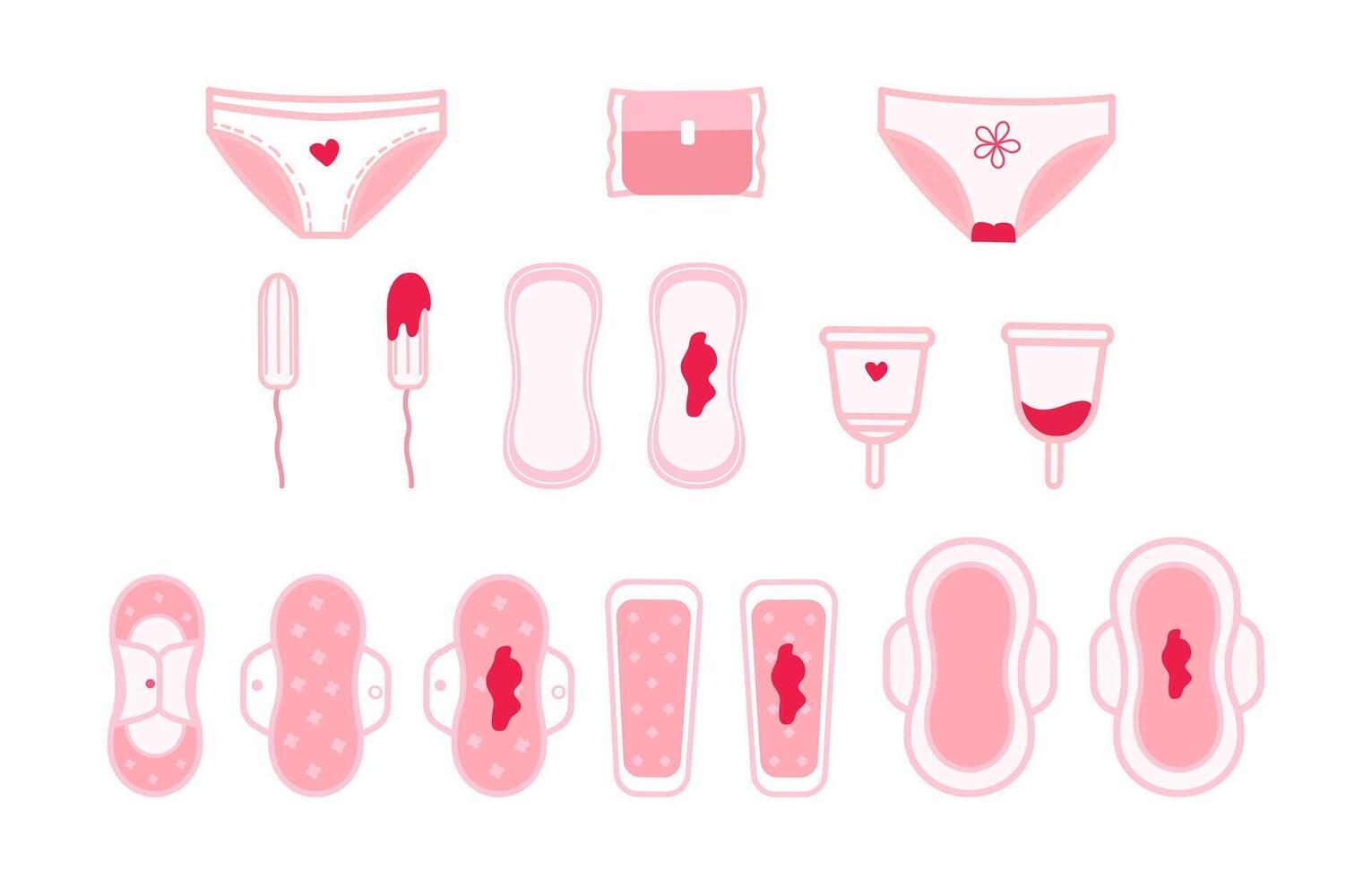Set icon isolated on white background. Tampon, women menstrual pad, reusable pad, sanitary napkin, menstrual cup, underpants with blood. Flat style. vector