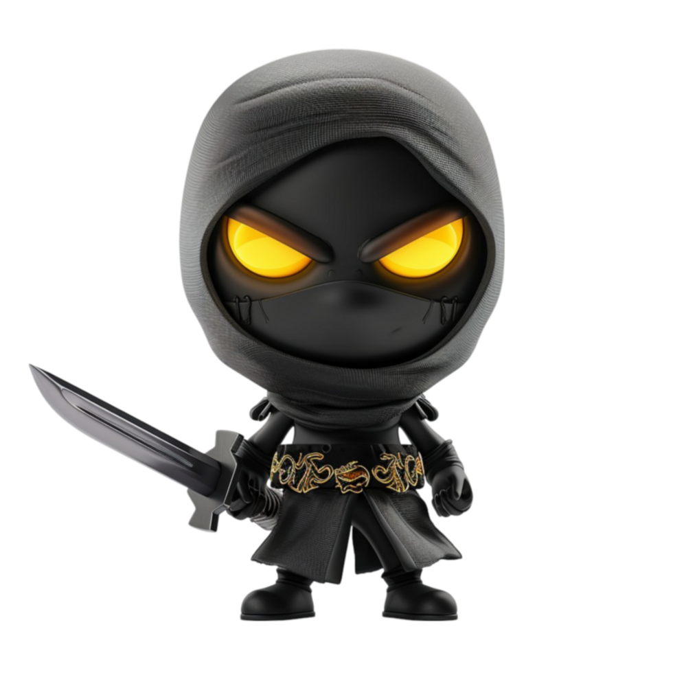 a black ninja with yellow eyes and a sword on transparent background. png
