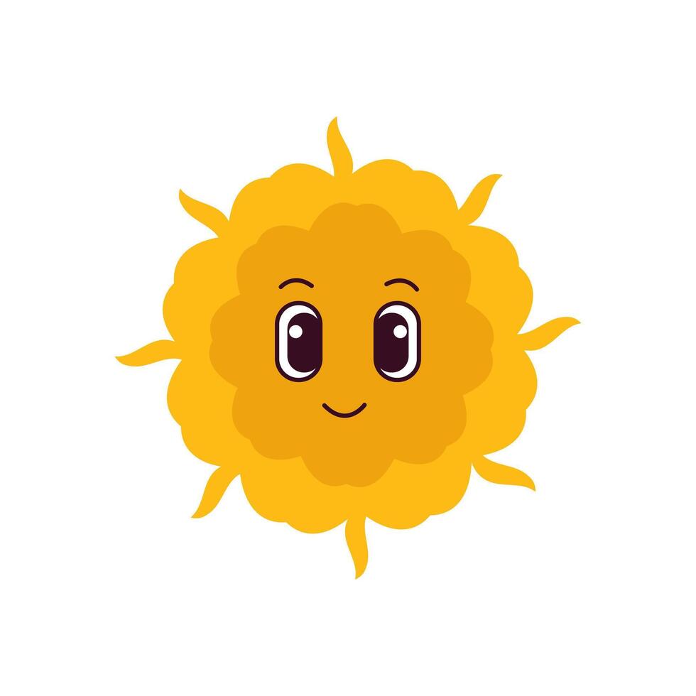 Cute yellow sun with face and curve rays flat illustration. Sun with sunbeams character isolated on white background. vector