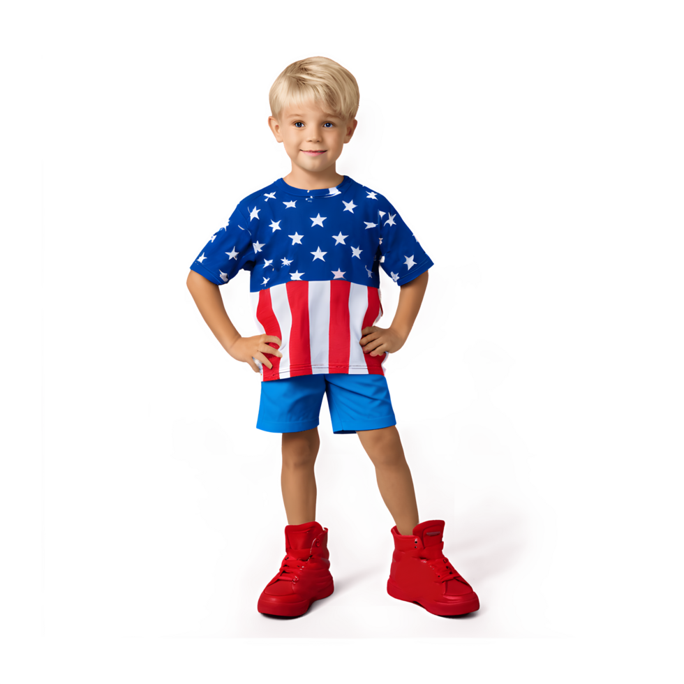 Blondy boy in clothing of national american flag isolated on transparency background. png