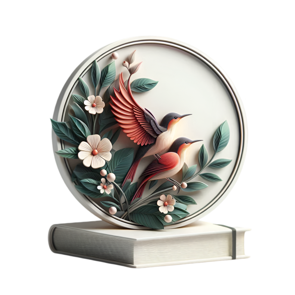 Bird and flowers on a book with a circular frame isolated from background png
