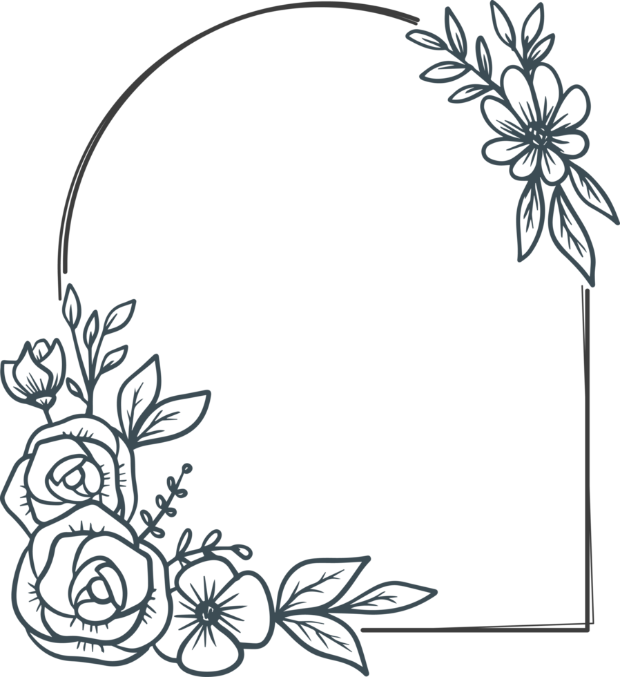 Botanical round frame with hand drawn flower and leaves png