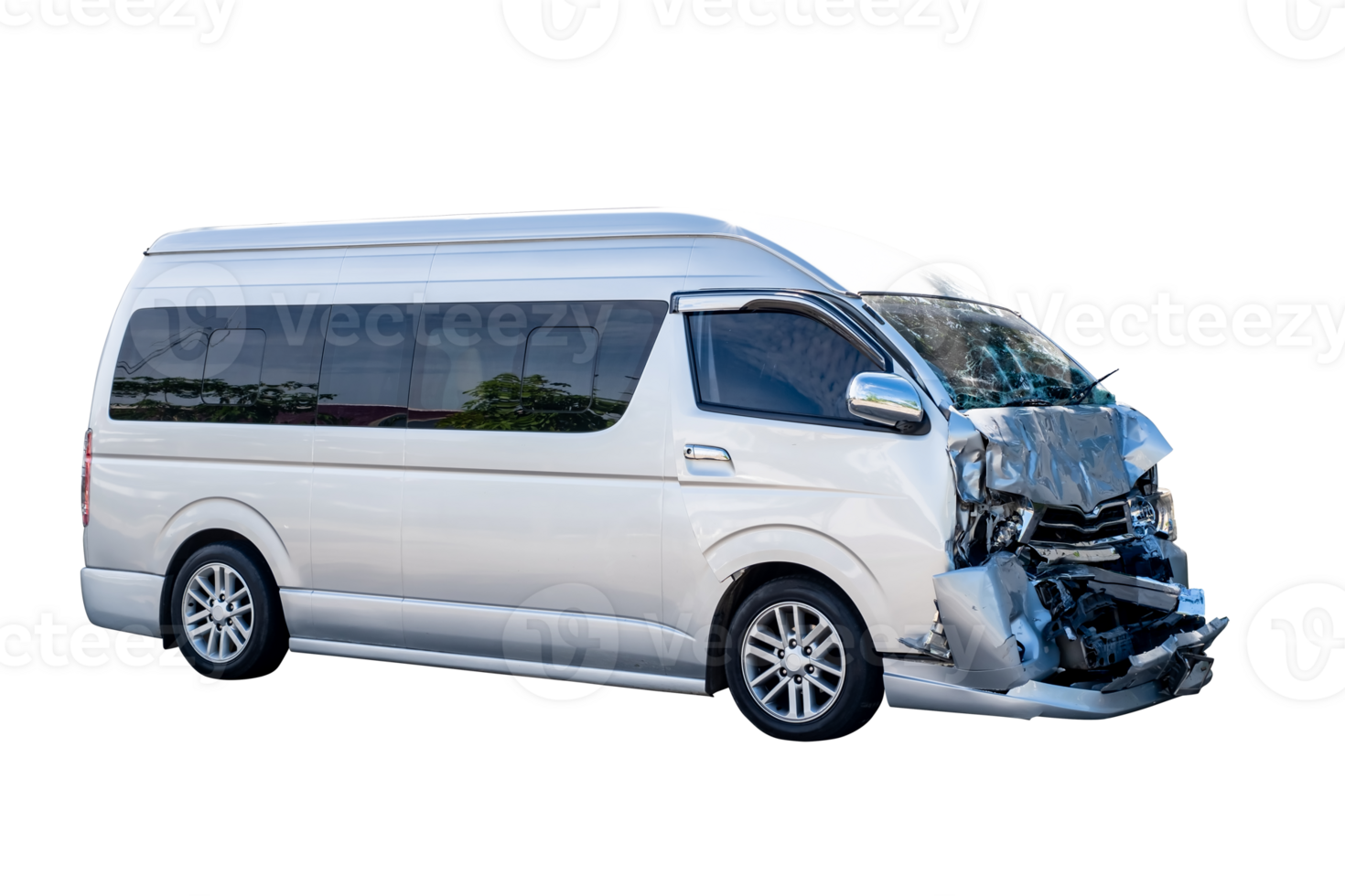 Front view of white van get damaged by accident on the road. damaged cars after collision. isolated on transparent background, car crash bumper graphic design element png