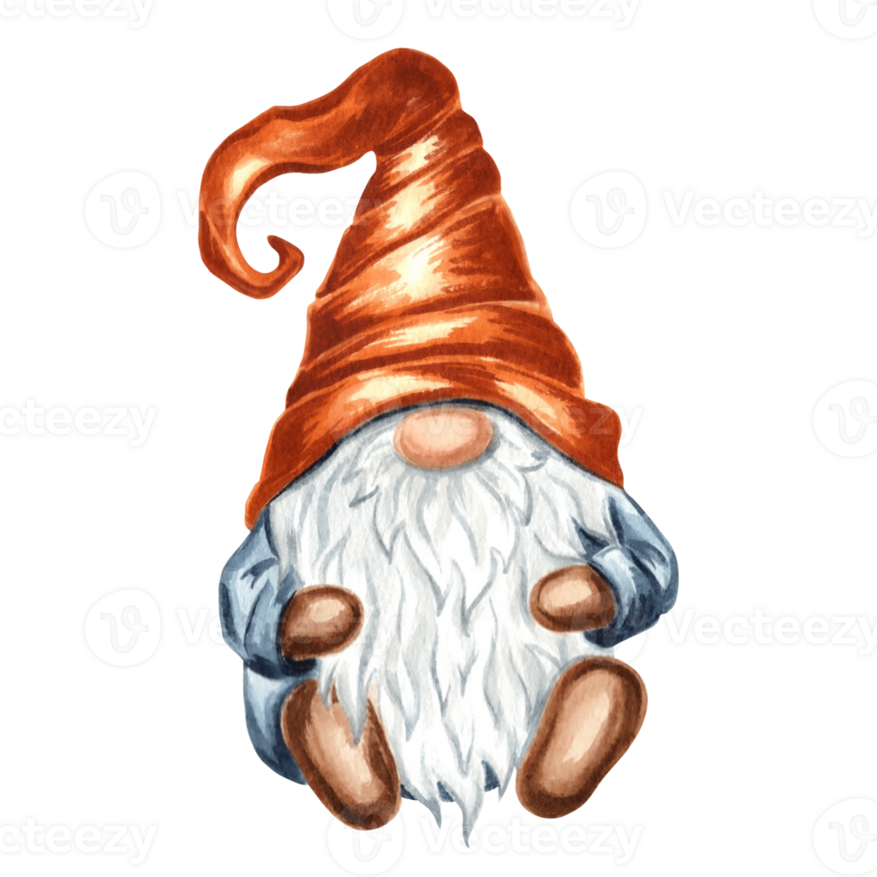 Fall Gnome in conus hat. Nordic magic dwarfs. Hand drawn watercolor illustration isolated. Cute Cartoon elf for autumn decor and thanksgiving, kids print. Clip art for sticker, embroidery, invitation. png