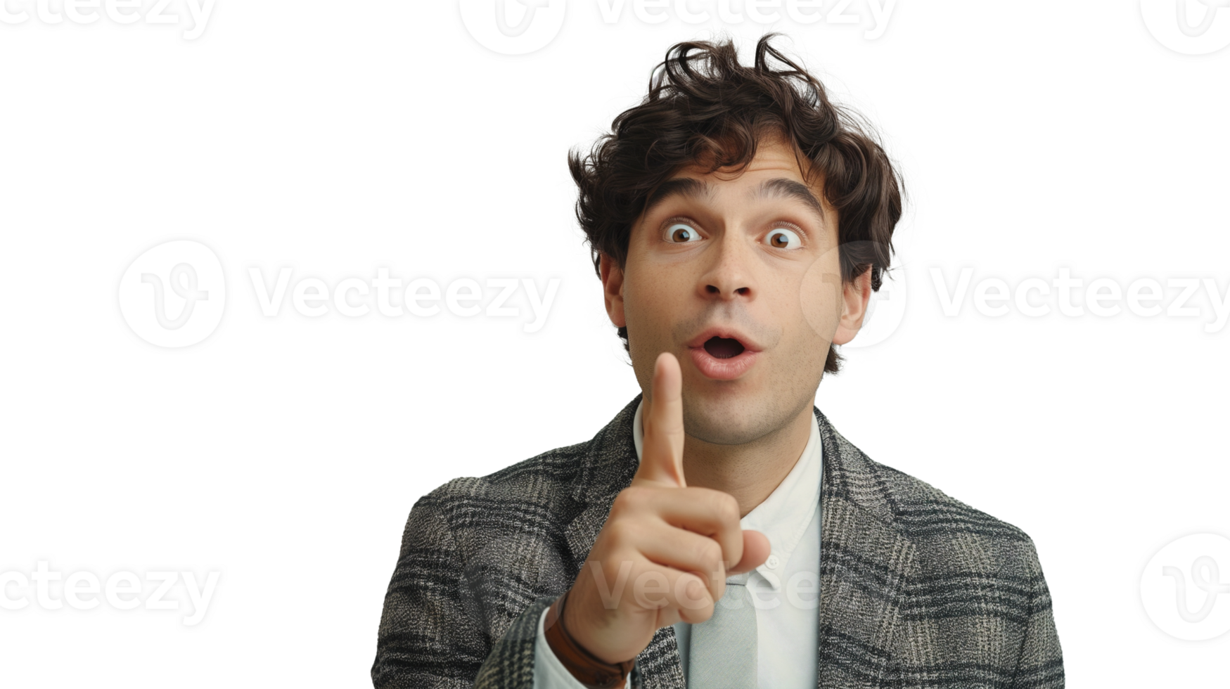 A young businessman pointing upward with his forefinger as if presenting a new idea on a transparent background. png