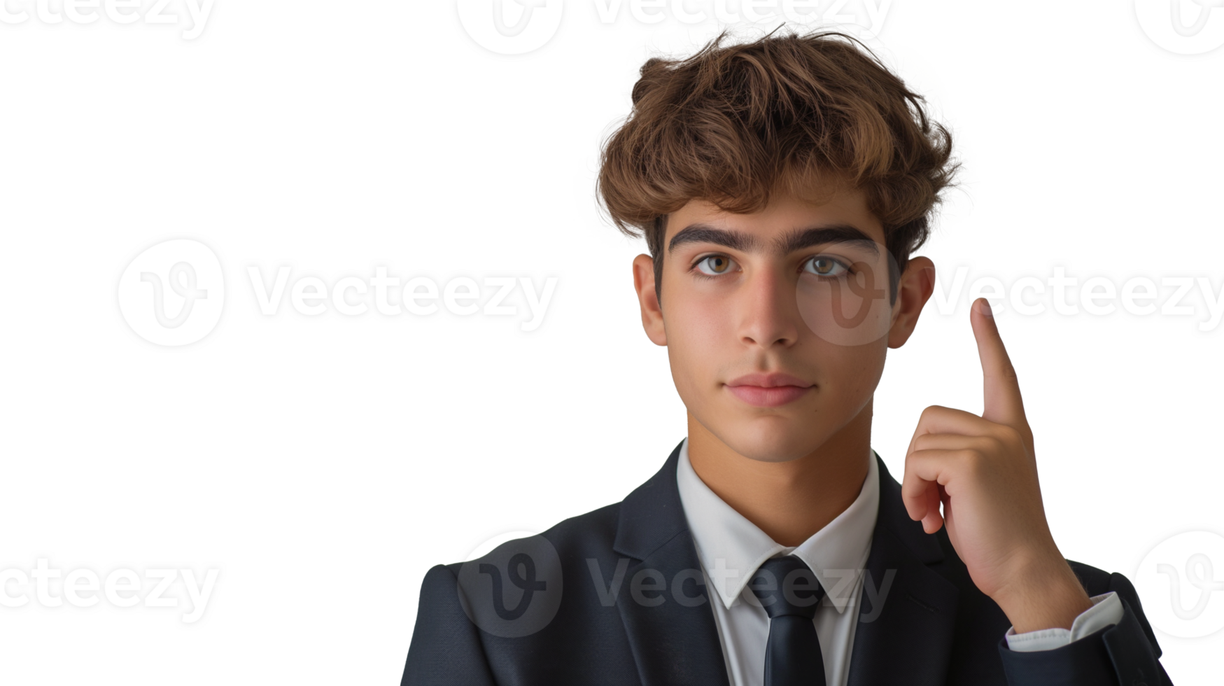 A young businessman pointing to his temple with his forefinger, indicating deep thought and decision-making on a transparent background. png