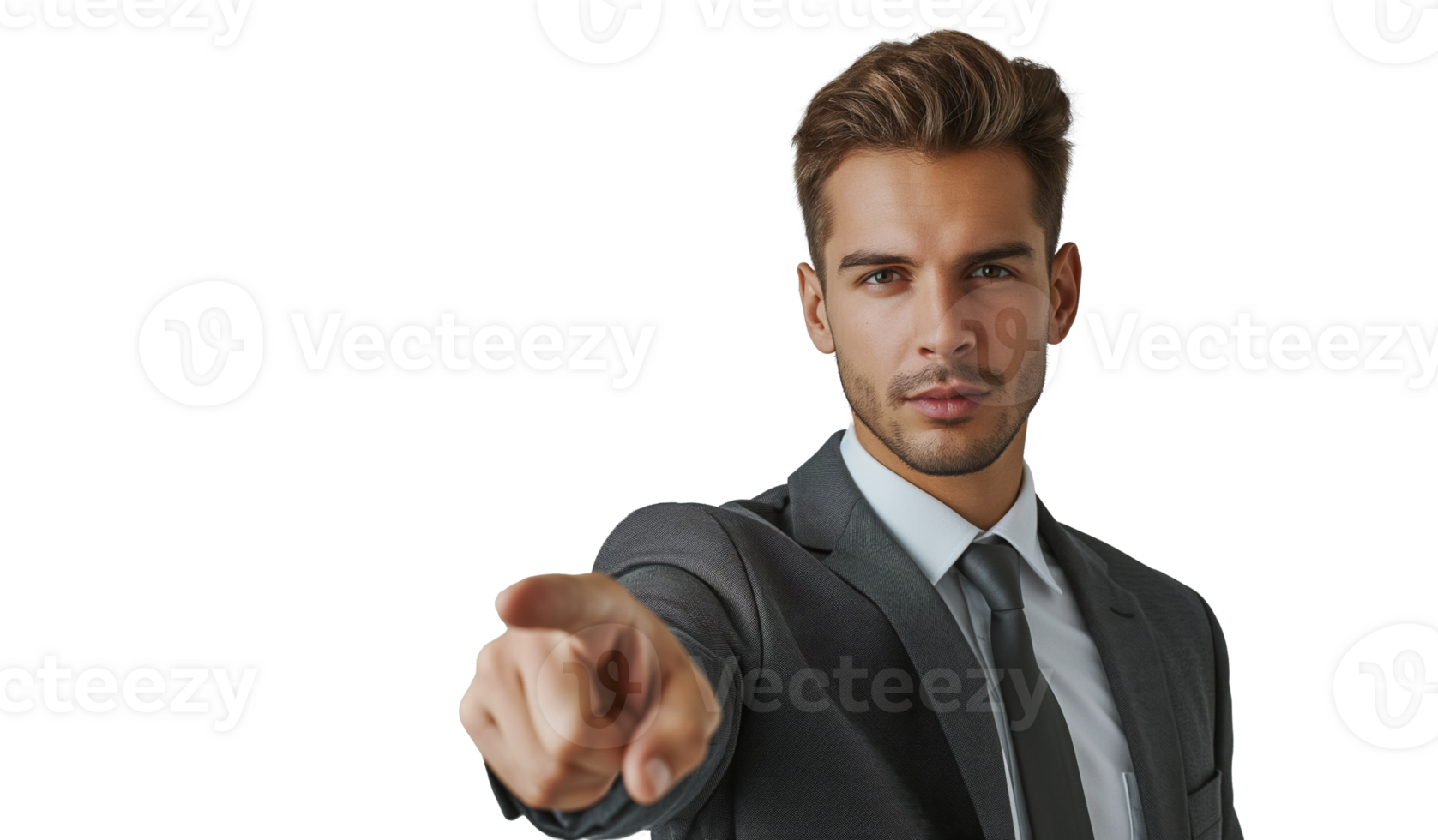 A young businessman in a professional attire touching an invisible screen with his forefinger on a transparent background. png
