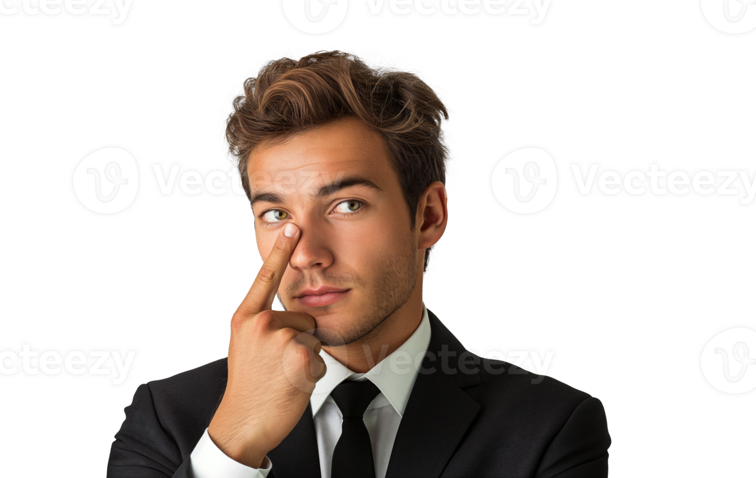 A young businessman pointing to his temple with his forefinger, indicating deep thought and decision-making on a transparent background. png