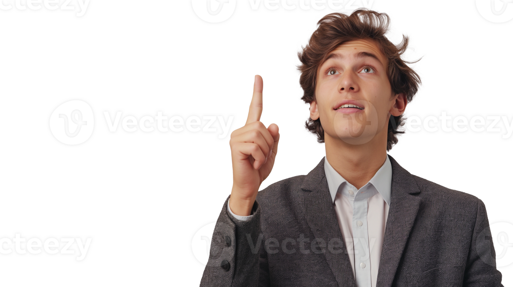 A young businessman pointing upward with his forefinger as if presenting a new idea on a transparent background. png