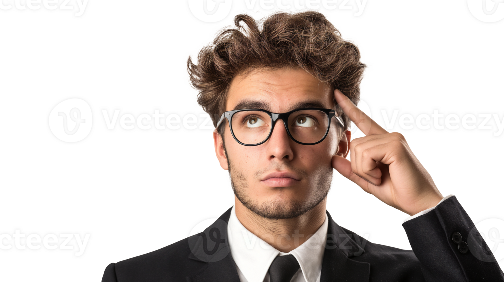 A young businessman pointing to his temple with his forefinger, indicating deep thought and decision-making on a transparent background. png