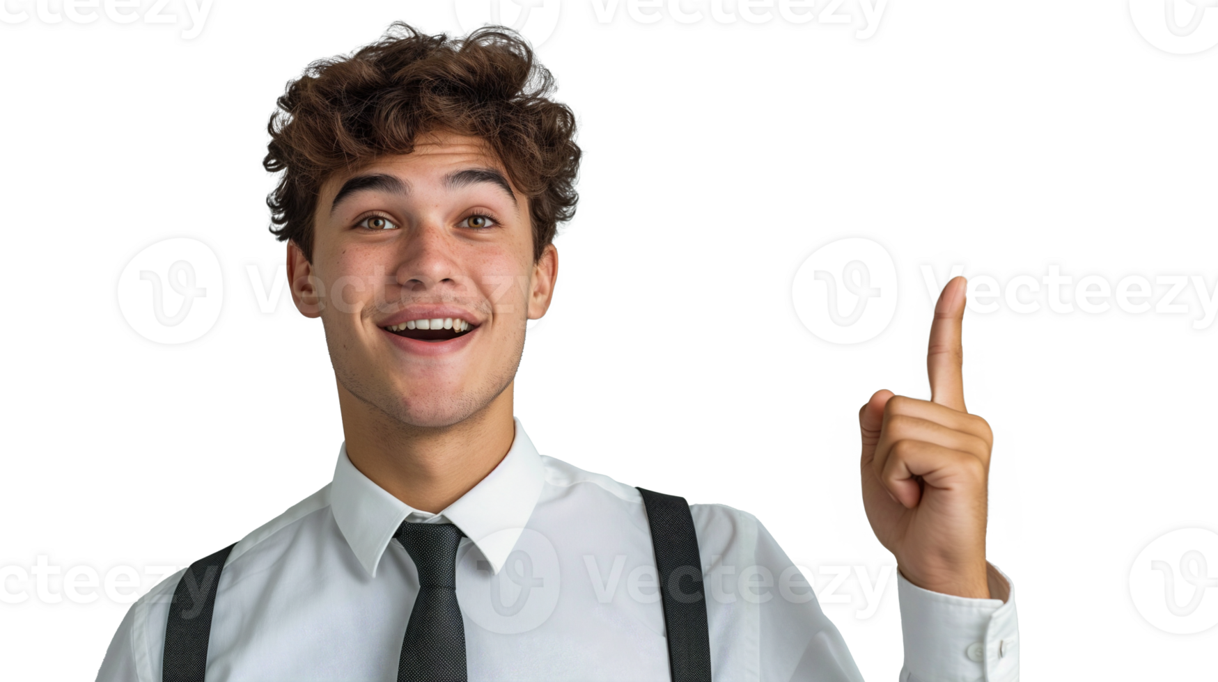 A young businessman pointing upward with his forefinger as if presenting a new idea on a transparent background. png