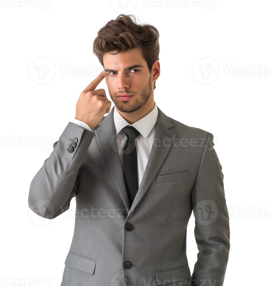 A young businessman pointing to his temple with his forefinger, indicating deep thought and decision-making on a transparent background. png