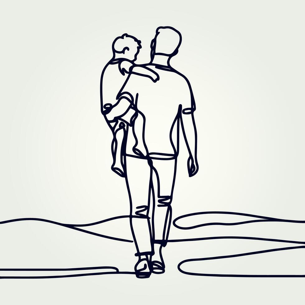 Father holding his son walking continuous one line drawing, Father holding his son walking continuous one line drawing vector