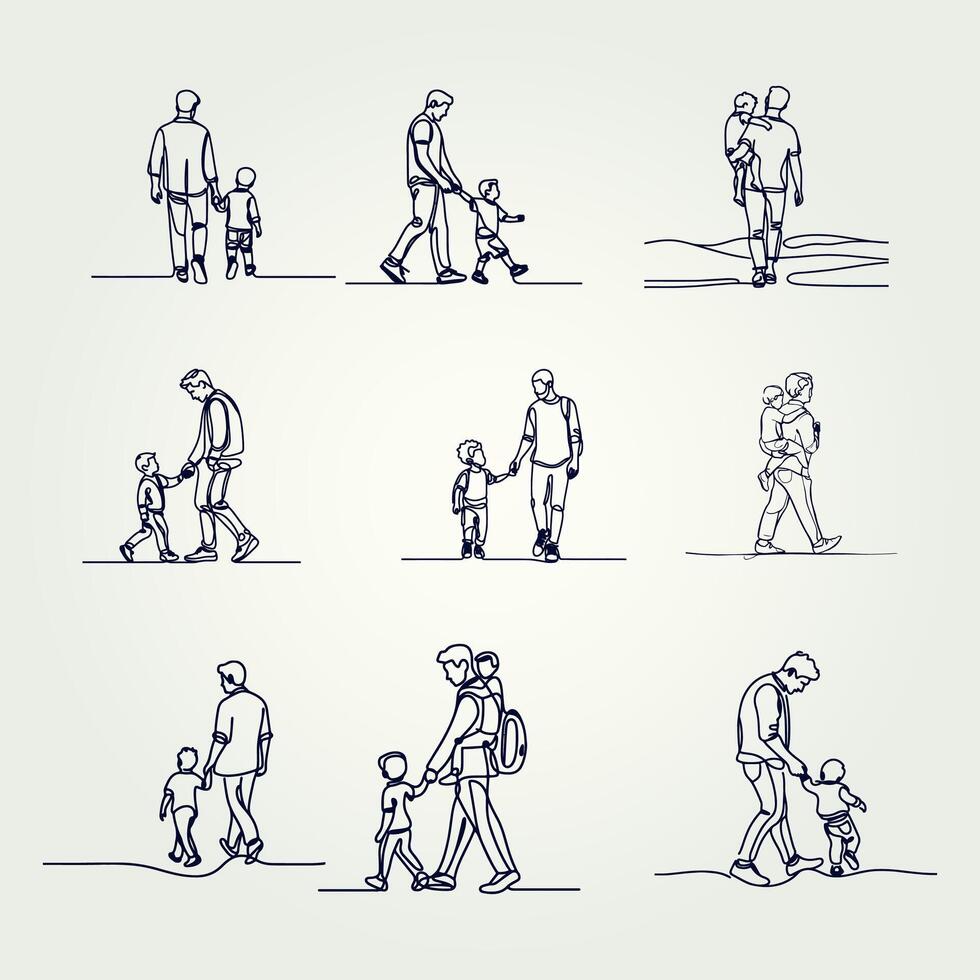 Father holding his son walking continuous one line drawing, Father holding his son walking continuous one line drawing vector