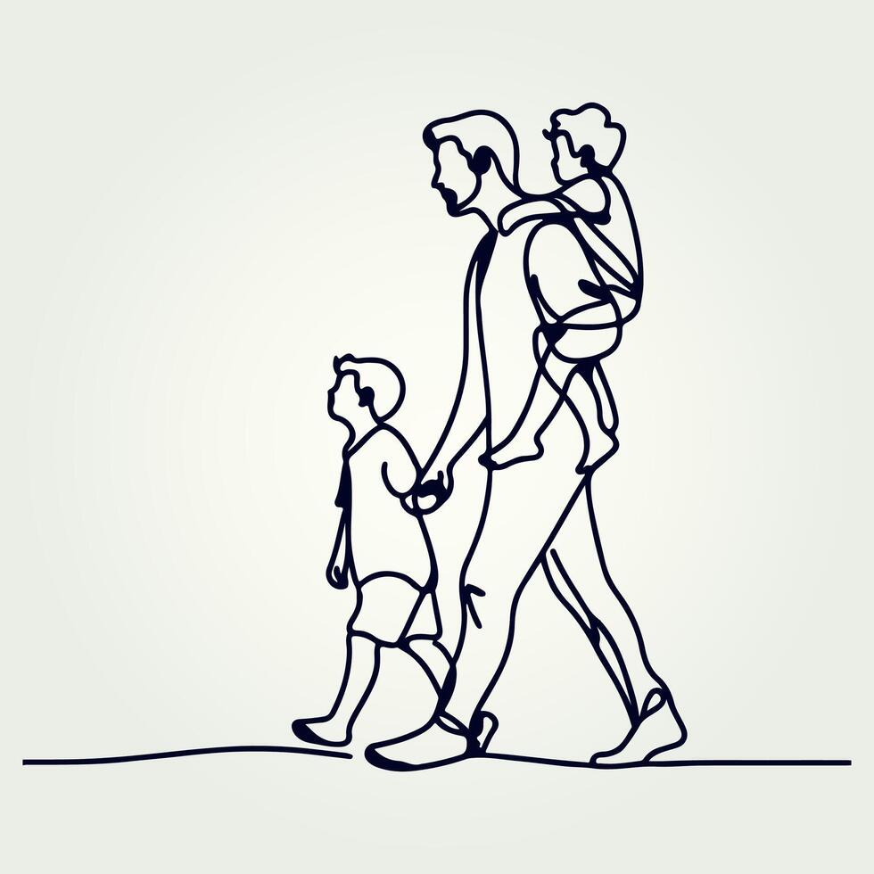 Father holding his son walking continuous one line drawing, Father holding his son walking continuous one line drawing vector
