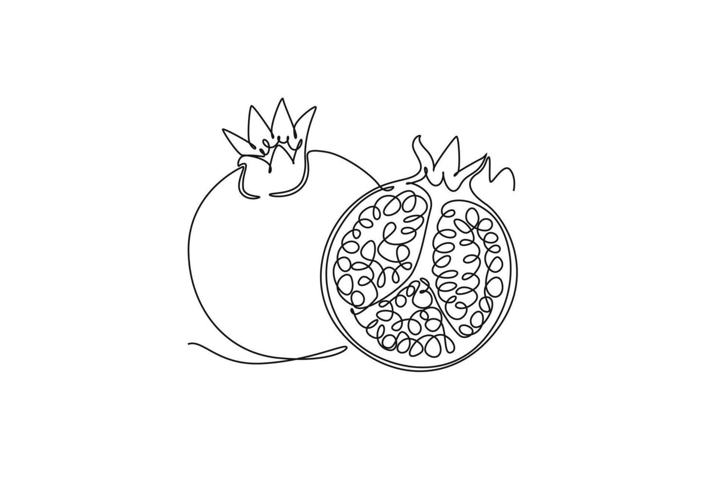 Single one line drawing whole and half sliced healthy organic pomegranate for orchard logo identity. Fresh seed concept for fruit garden. Modern continuous line draw design graphic illustration vector