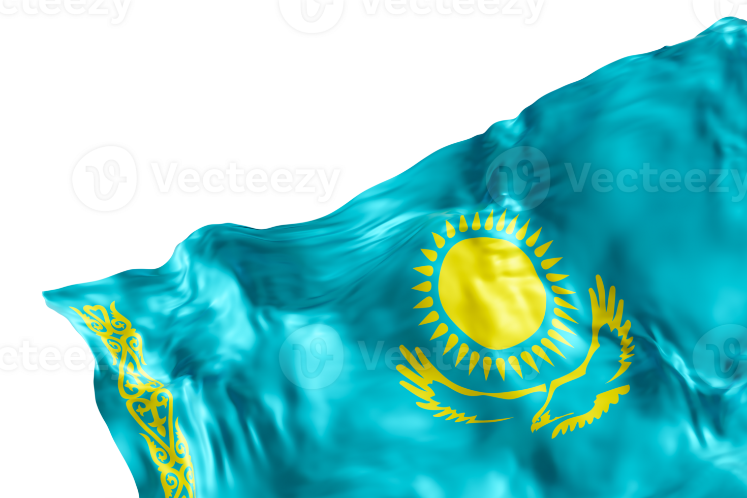 Realistic flag of Kazakhstan with folds, on transparent background. Footer, corner design element. Cut out. Perfect for patriotic themes or national event promotions. 3D render. png