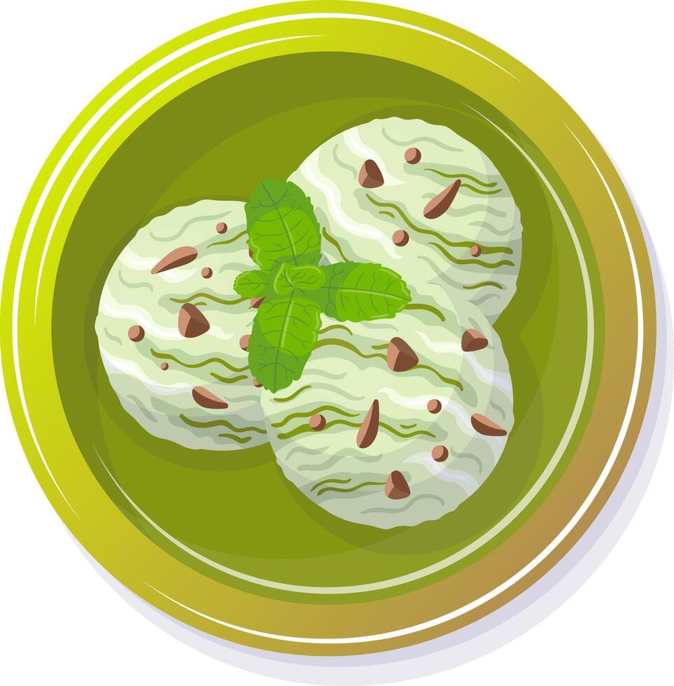 Mint green ice cream balls with chocolate chips and leaves. Cold summer dessert in a plate, isolated on a white background, top view. Food illustration for cafe, menu, design elements vector
