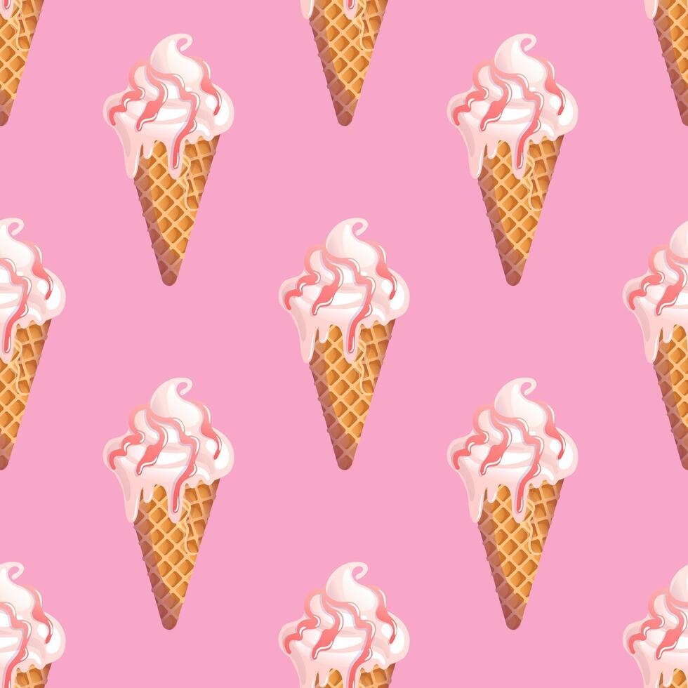 Creamy vanilla ice cream in a waffle cone with berry or fruit topping. Seamless pattern. Summer cold dessert. Delicious sweets, realistic food illustration. For menu, cafe, wallpaper, background vector