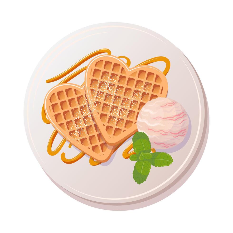 Viennese waffles in the shape of a heart with a scoop of fruit ice cream, a mint leaf and caramel topping. Healthy breakfast. Delicious soft sweets. For menu, cafe, stickers, design elements. vector