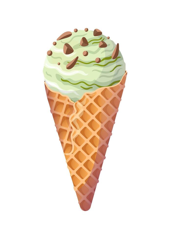 Mint or pistachio green ice cream in a waffle cone with chocolate chips. Summer cold dessert. Delicious crispy soft sweets, realistic food illustration. For menu, cafe, stickers, design elements. vector