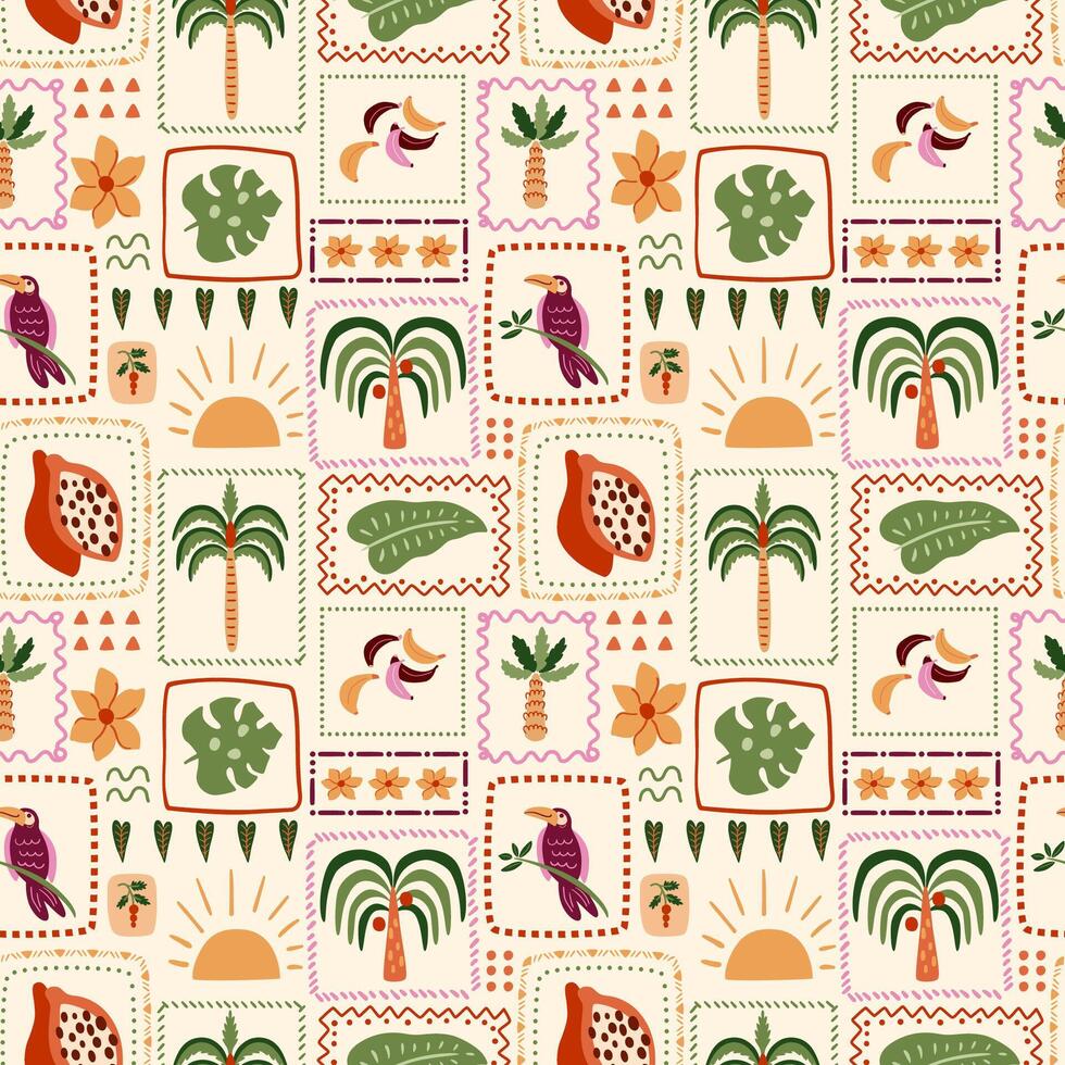 Tropical patchwork seamless pattern. Summer palm tree, bananas, leaves, toucan bird, fruit in square frame. Cute exotic print, hawaii background, wallpaper, floral geometric elements, checkered vector