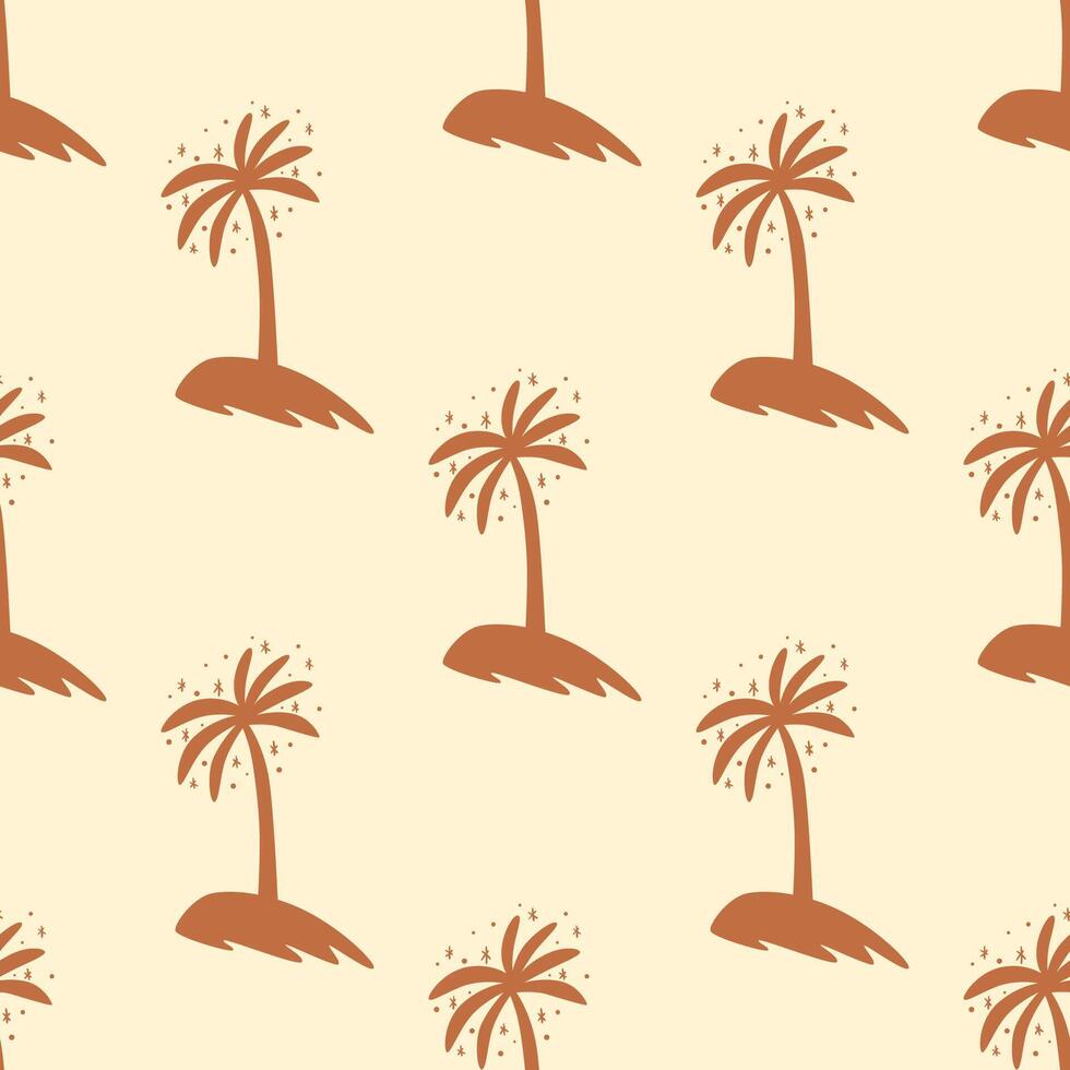 Brown boho palm tree seamless pattern. Retro tropical summer repeat background. Hippie beach hand drawn beige textile texture, print, wallpapers, wrapping paper. illustration. vector
