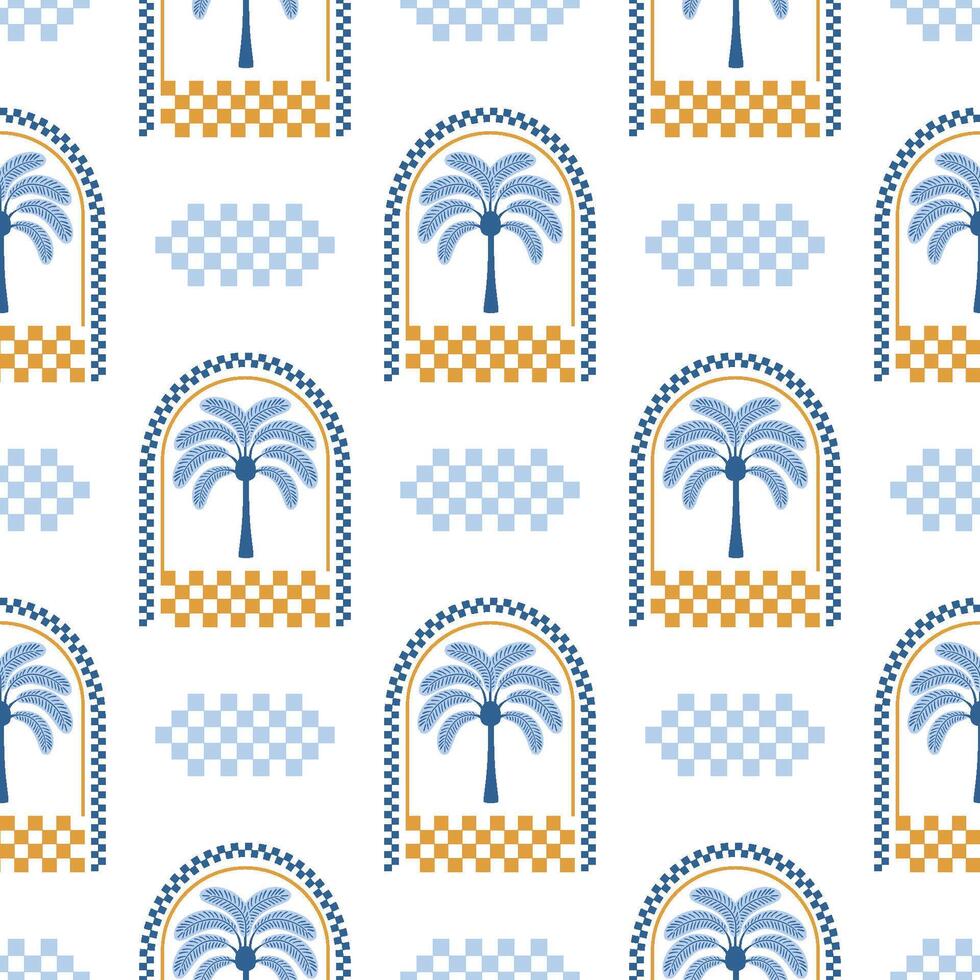 Blue tropical palm tree in arch seamless pattern. Summer checkered print, geometric square shapes ornament. Cute wallpaper. Hand drawn coconut plant, tropic illustration. Simple textile design vector