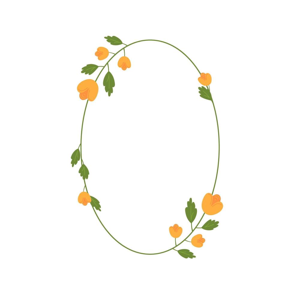 Floral frame isolated illustration. Oval shaped decorative flowers borders with copy space. Cute botanical elements. Simple summer decor circle shaped design for text inside vector