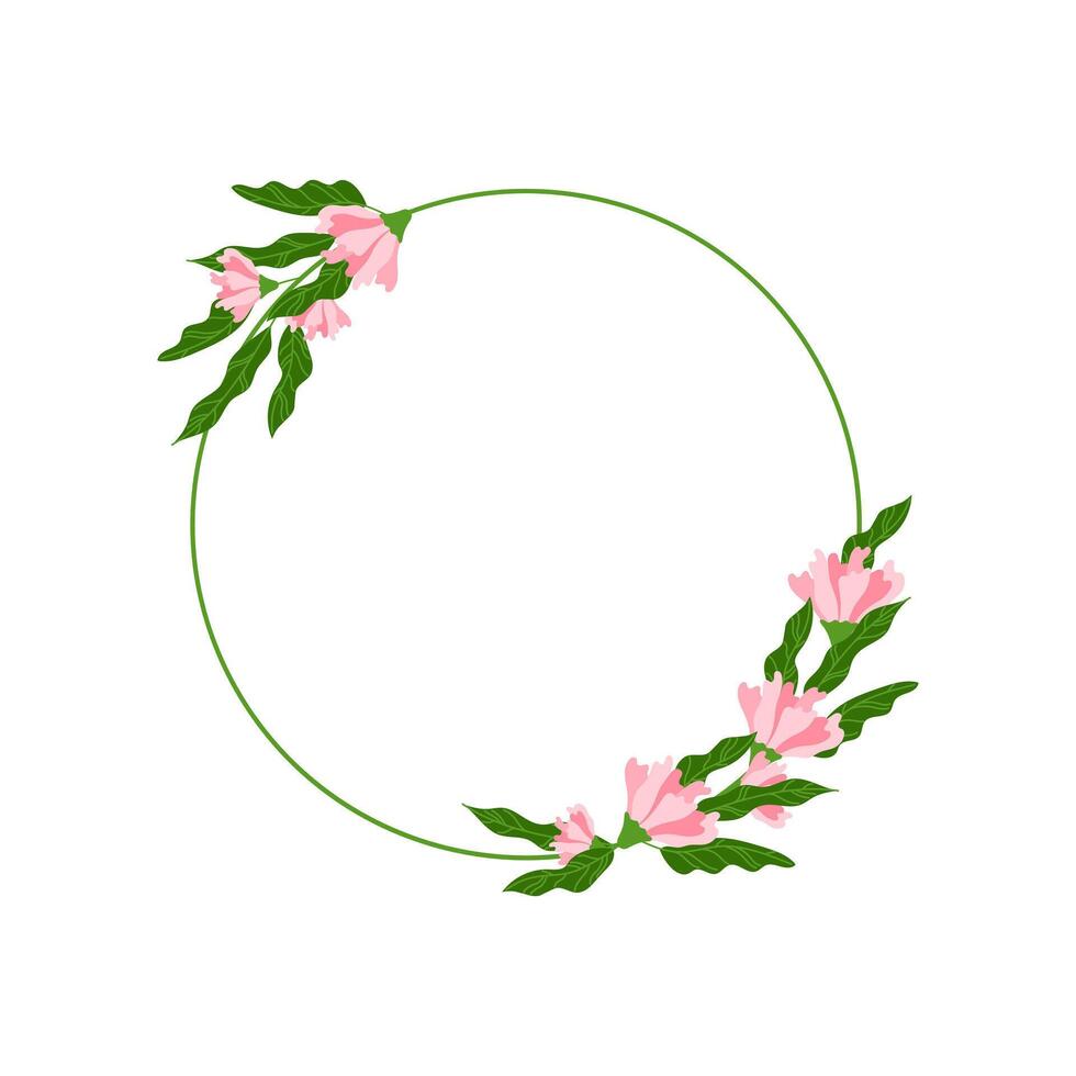 Floral frame isolated illustration. Round decorative flowers borders with copy space. Cute botanical elements. Simple summer decor circle shaped design for text inside vector