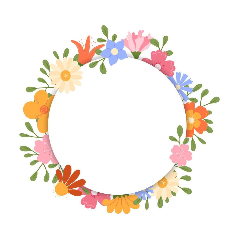 Round floral frame. Circle shaped decorative meadow flowers and leaves borders with copy space. isolated illustration vector