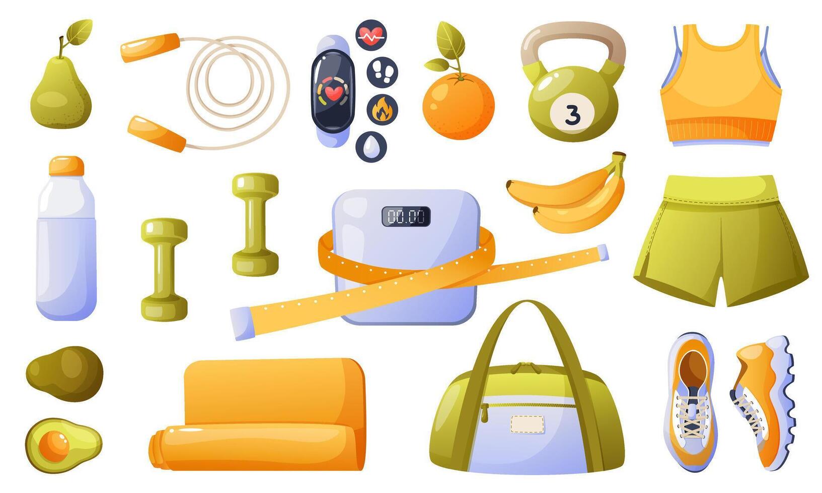 A set of sports elements, a set of healthy lifestyle elements, sports equipment, a fitness tracker, sportswear, a sporting goods store, a sports bag, dumbbells. Healthy lifestyle concept. vector