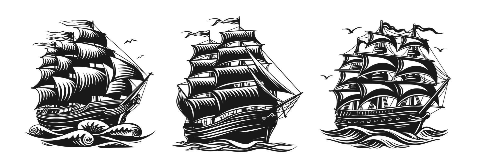 Vintage sailboat. Clipper ship black and white sketch. Pirate ship sailboats in sea waves, sailing ship in retro hand drawn engraving style. set. vector