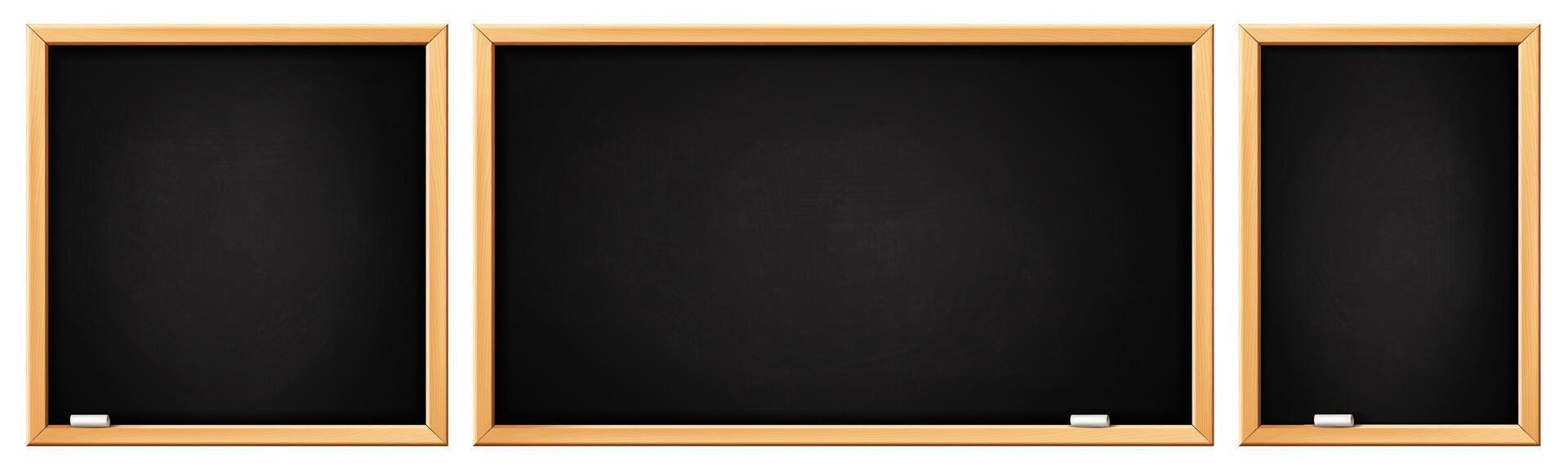 School blackboards. Black board with wooden frame, rectangular and square chalkboard. Blackboards with white chalk dirty texture. Classroom, restaurant menu board template. vector