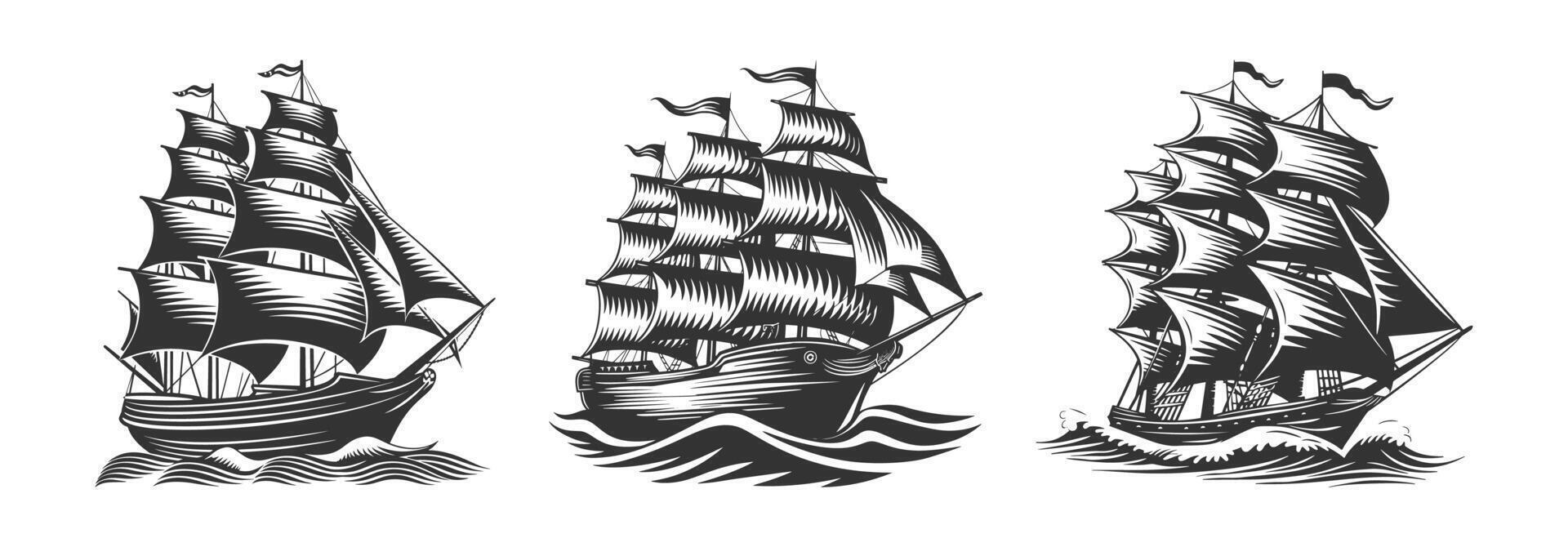 Old sailboat. Royal clipper ship with flag and wind blown sails. Pirate ship sailboats in ocean storm waves, sailing ship for marine logo, emblem and labels. set. vector