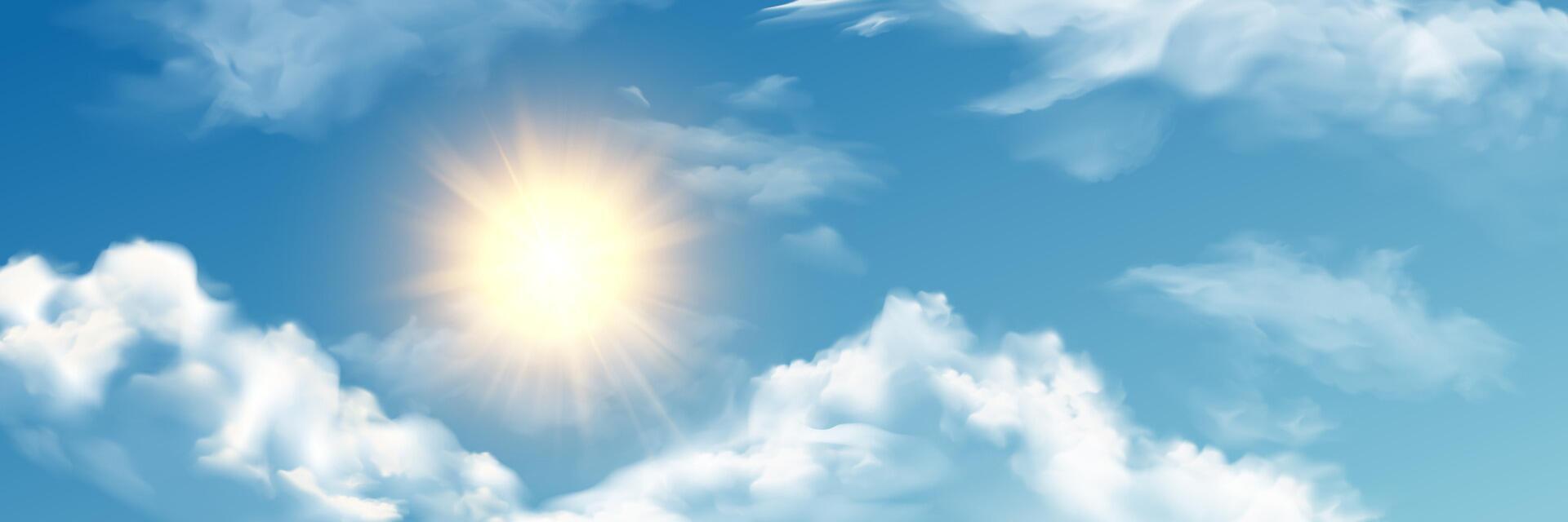 Sun in blue sky with white clouds. Summer sun with warm rays and lens flare. Sunny day background. vector