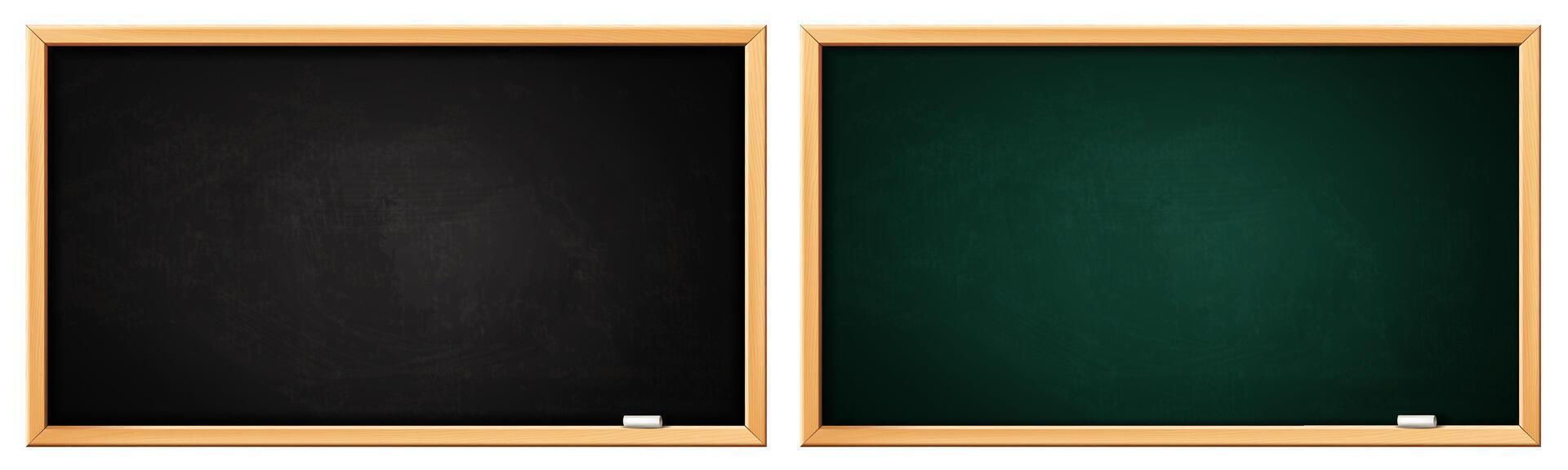 School blackboard. Green and black board with wooden frame and chalk. Realistic blank blackboards with chalk dirt texture. Classroom, restaurant menu template. vector