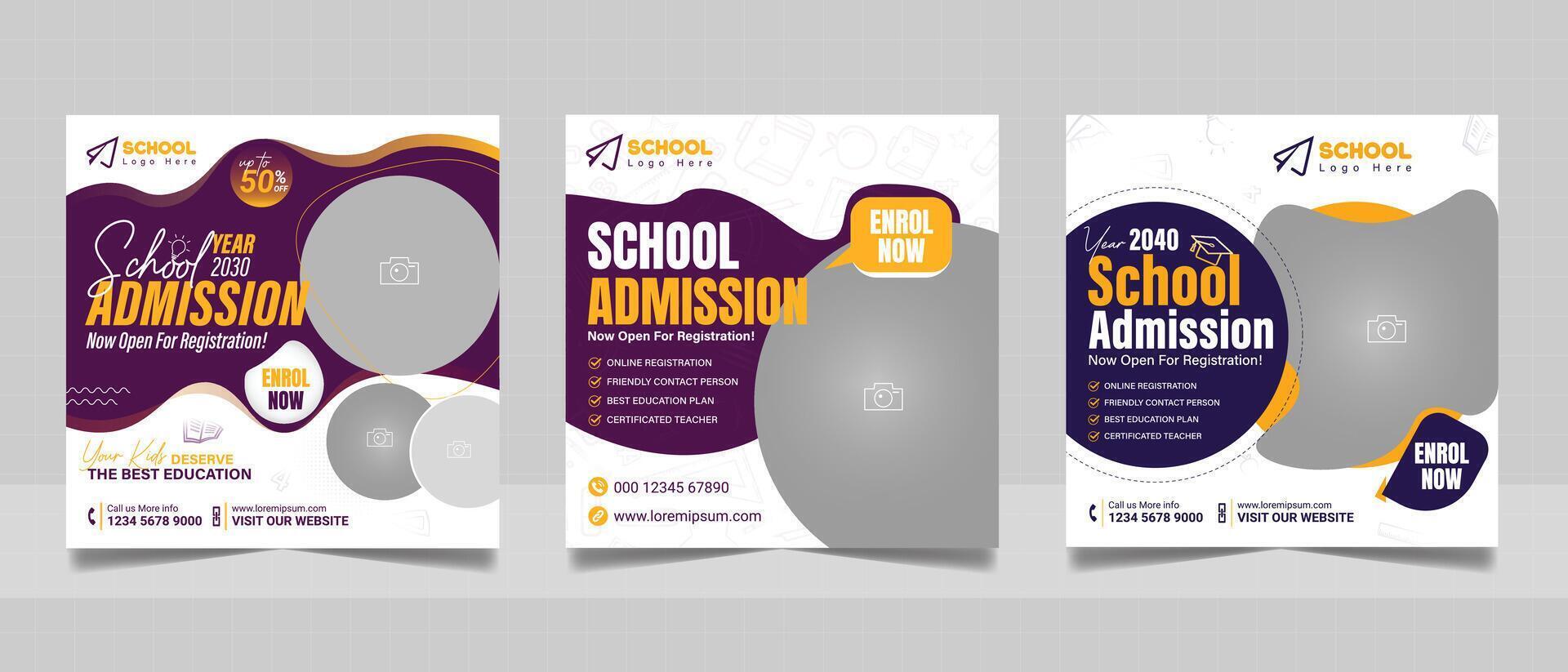 Kids admission social media post and back to school web banner higher education square flyer study abroad poster template vector