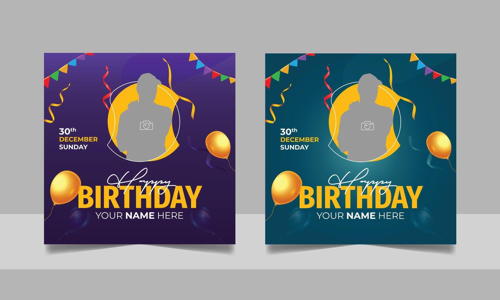 Birthday wishes social media post template, party invitation or greeting card, happy wedding anniversary celebration event square banner poster design set vector