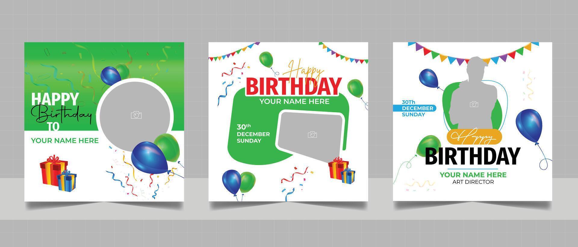 Birthday wishes social media post template, party invitation or greeting card, happy wedding anniversary celebration event square banner poster design set vector