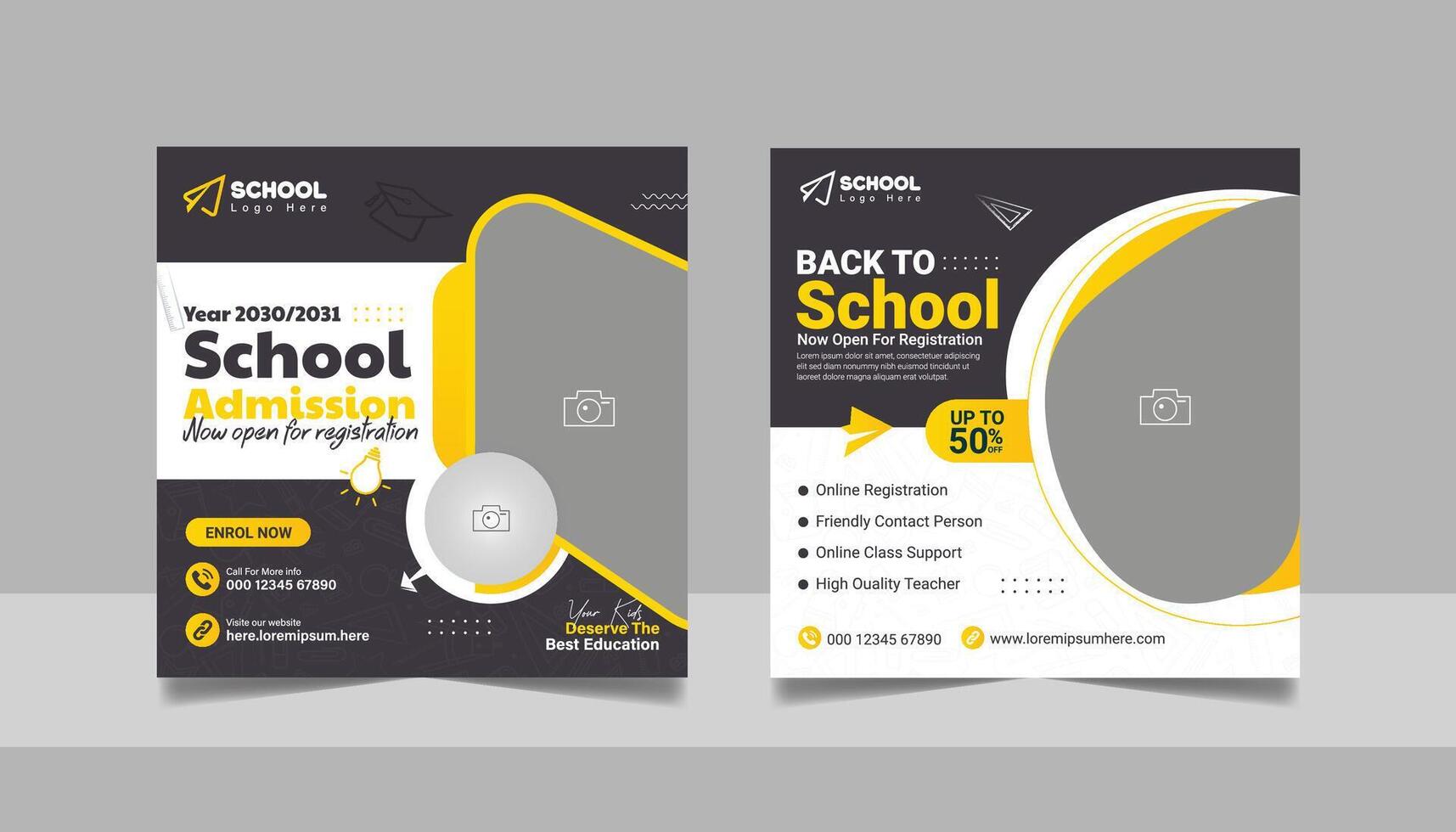 Kids admission social media post and back to school web banner higher education square flyer study abroad poster template vector