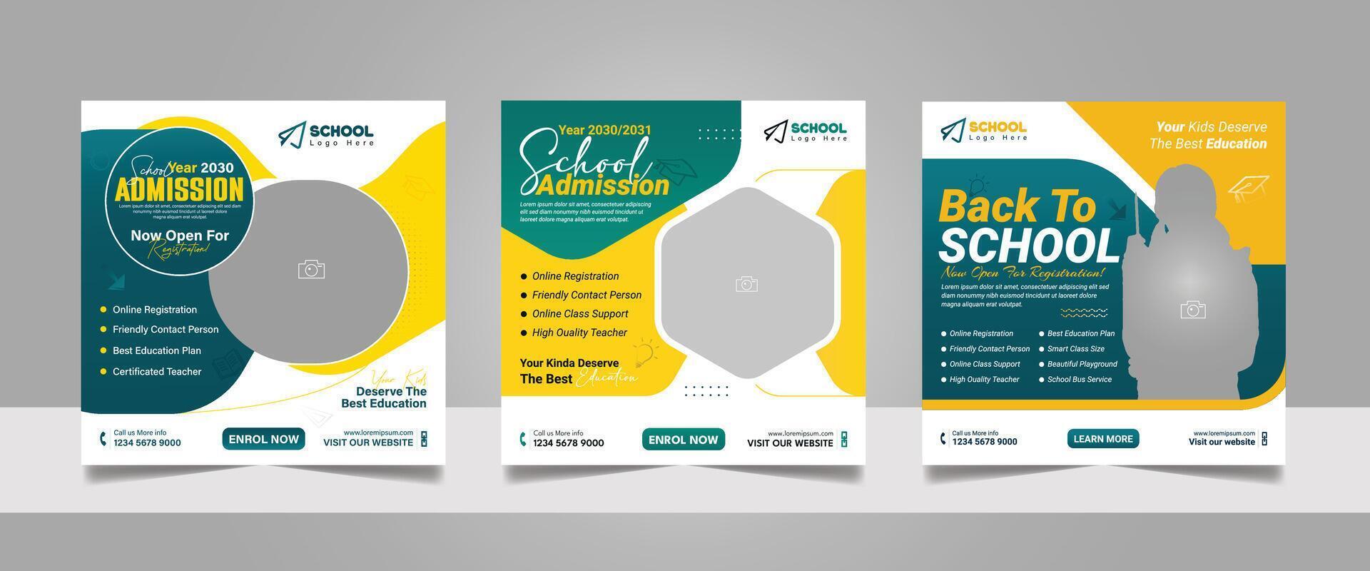 Kids admission social media post and back to school web banner higher education square flyer study abroad poster template vector