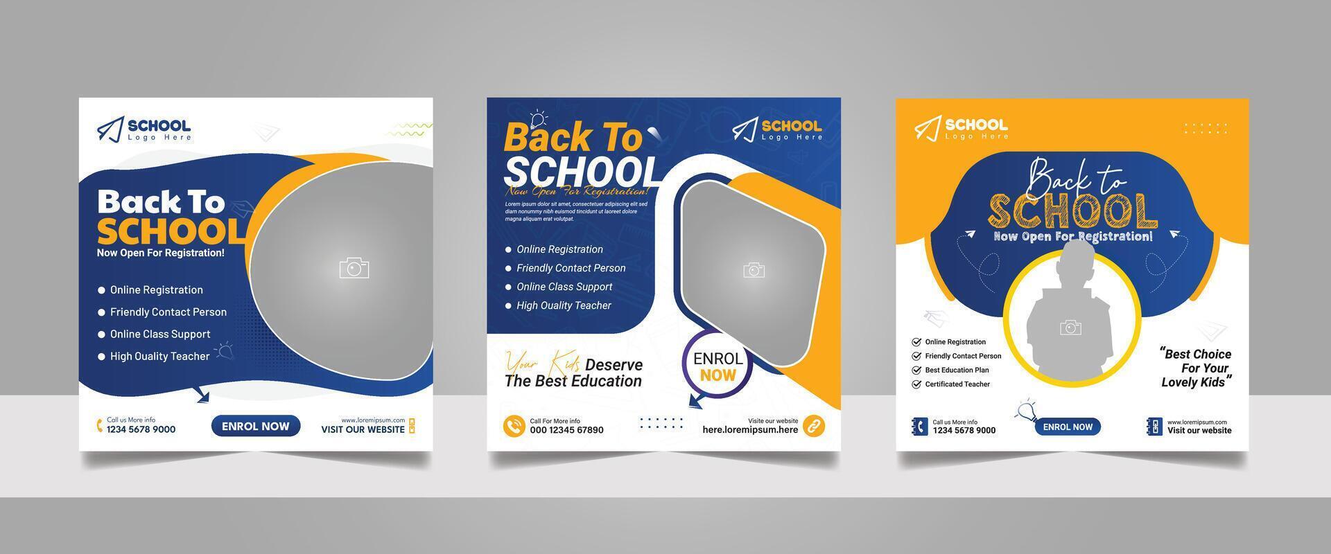 Kids admission social media post and back to school web banner higher education square flyer study abroad poster template vector