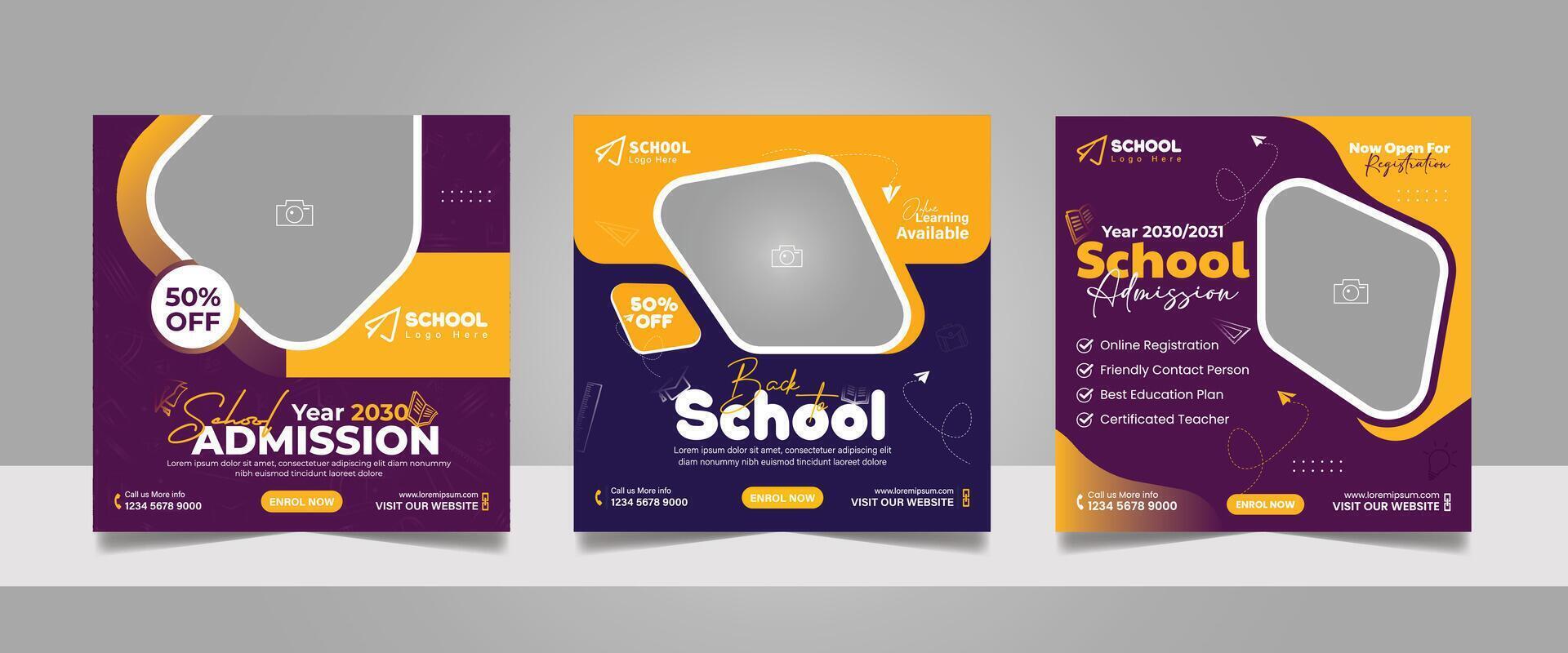 Kids admission social media post and back to school web banner higher education square flyer study abroad poster template vector