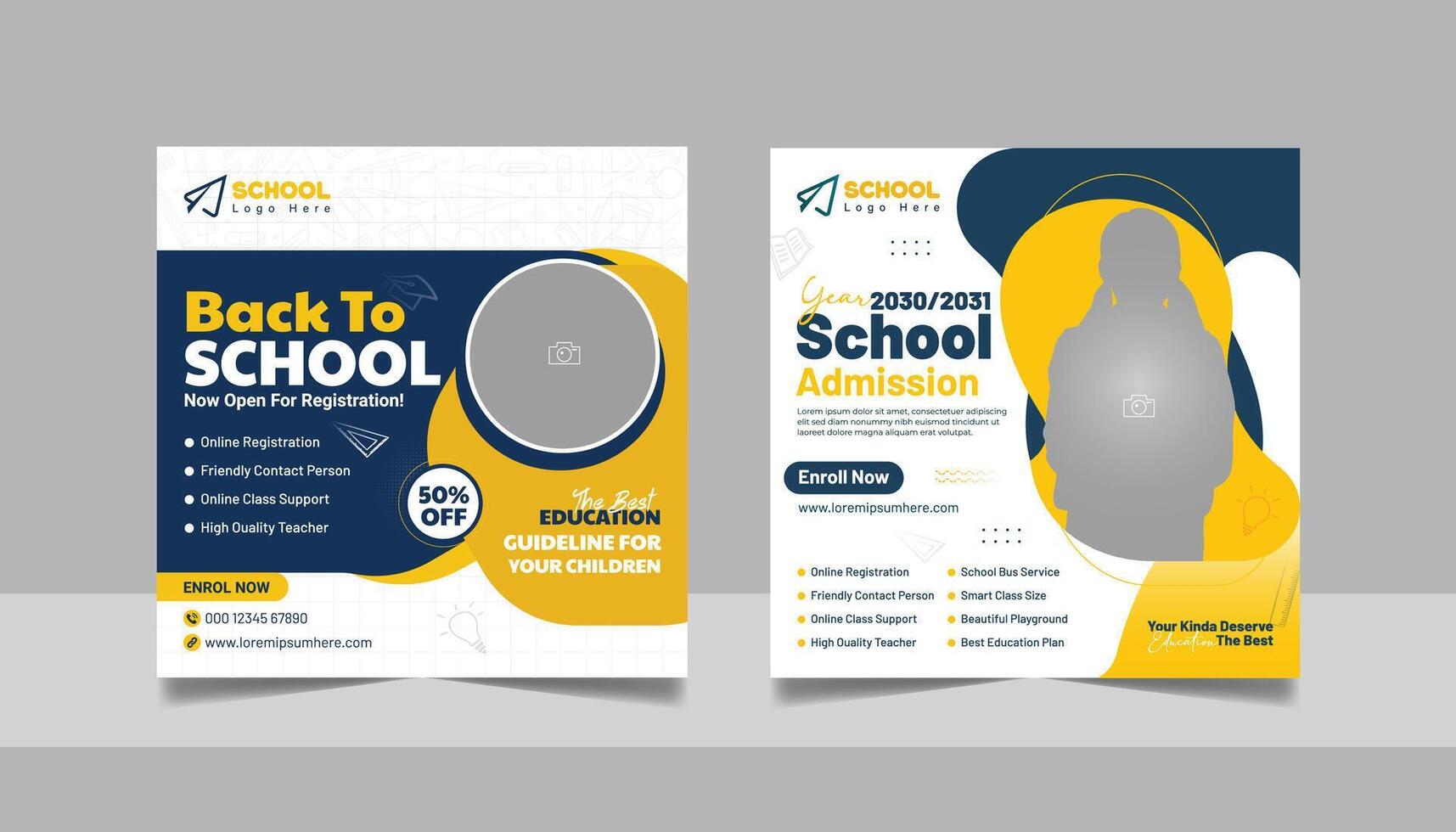 Kids admission social media post and back to school web banner higher education square flyer study abroad poster template vector