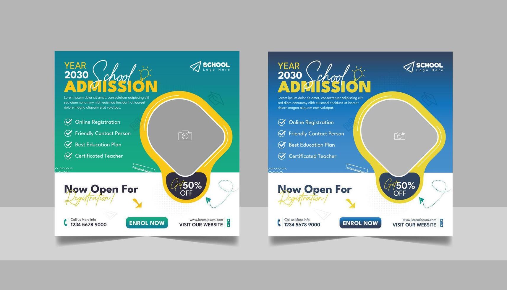 Kids admission social media post and back to school web banner higher education square flyer study abroad poster template vector