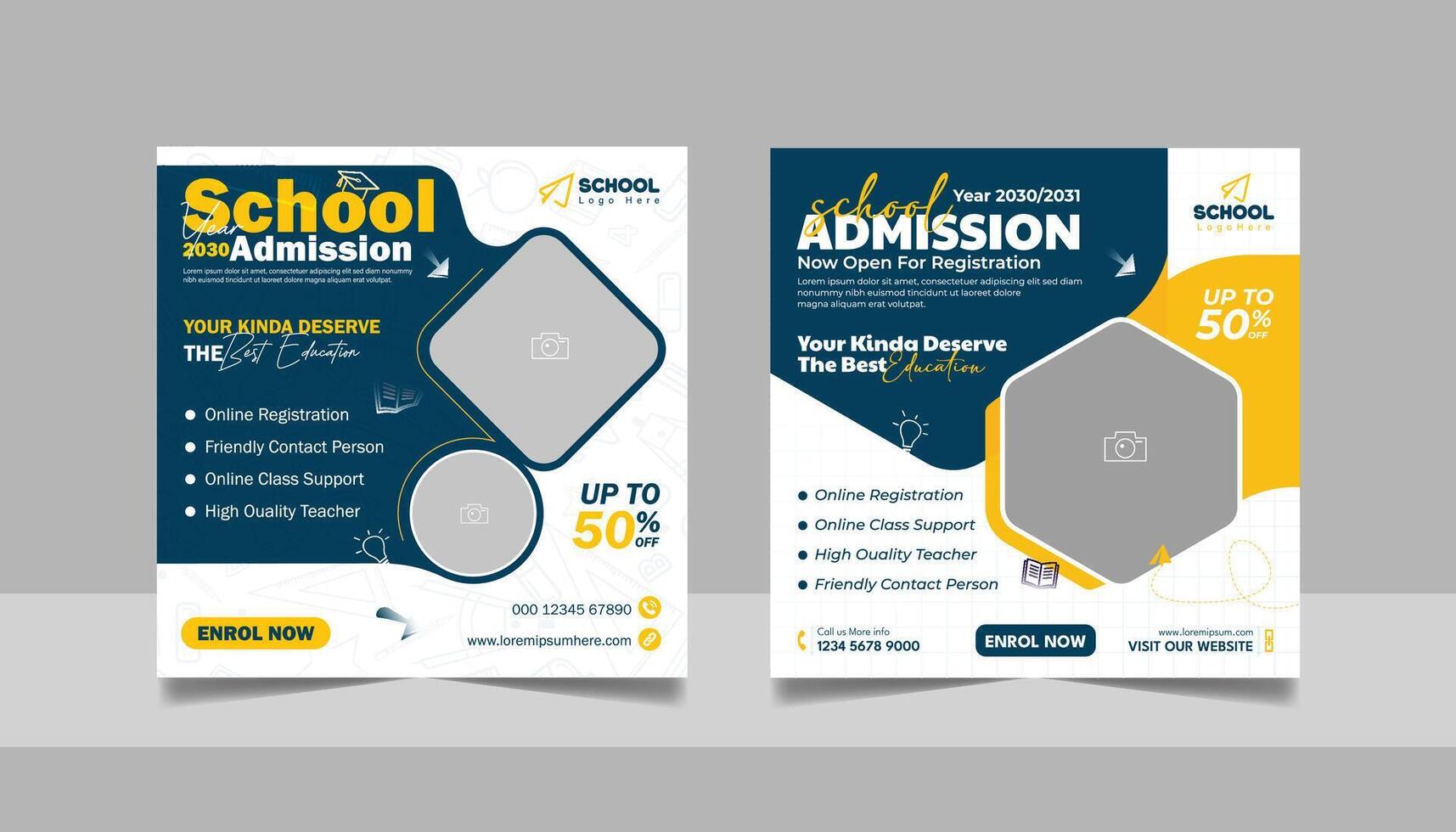 Kids admission social media post and back to school web banner higher education square flyer study abroad poster template vector