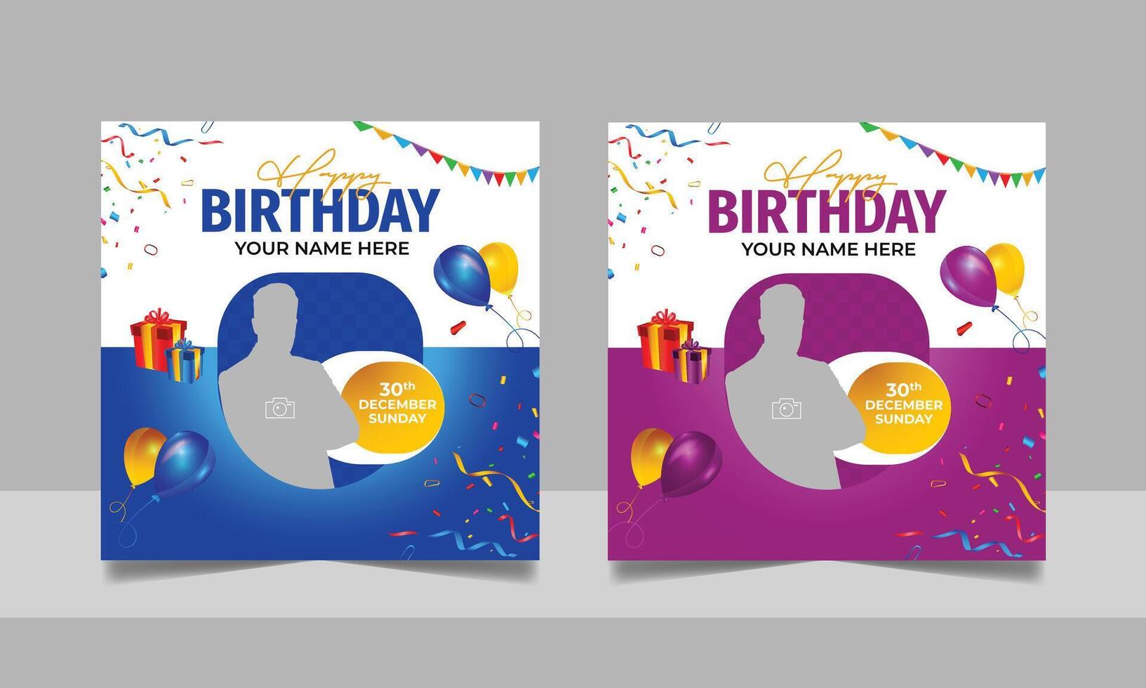 Birthday wishes social media post template, party invitation or greeting card, happy wedding anniversary celebration event square banner poster design set vector